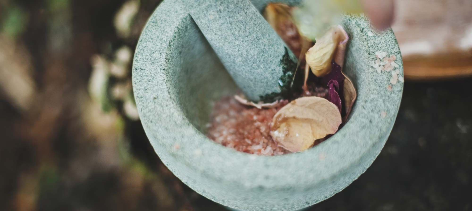 Mortar and pestle with natural ingredients